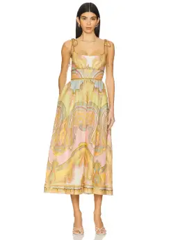Zimmermann Maxine Picnic Midi Dress Gold Paisley Size 0 / AU 8