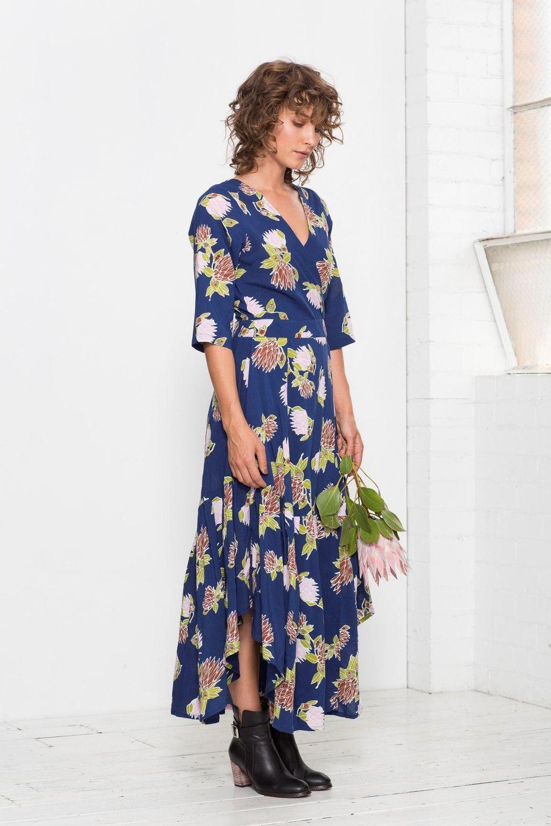 Leonard St Maxi Wrap Dress in Beetle & Protea Print Size 8 for rent on The Volte - main image
