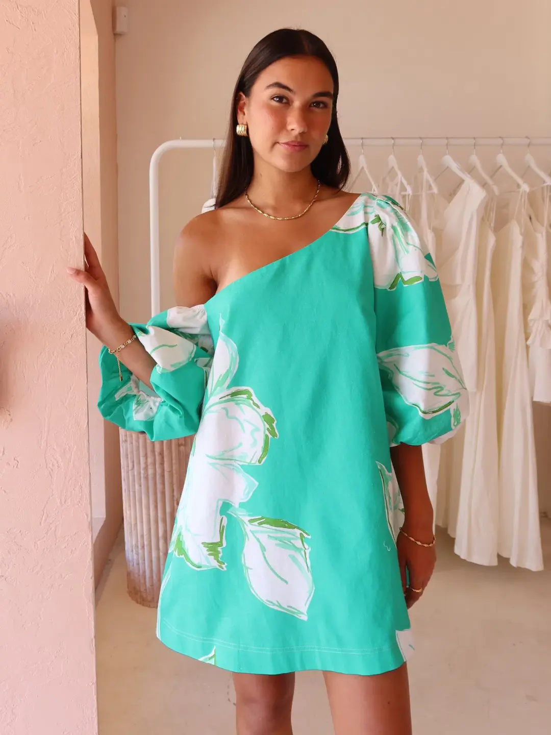 By Nicola Capri Off Shoulder Relaxed Mini Dress in Verde Fleur Size 10 for rent on The Volte - main image