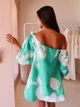 By Nicola Capri Off Shoulder Relaxed Mini Dress in Verde Fleur Size 10 for rent on The Volte - image 3