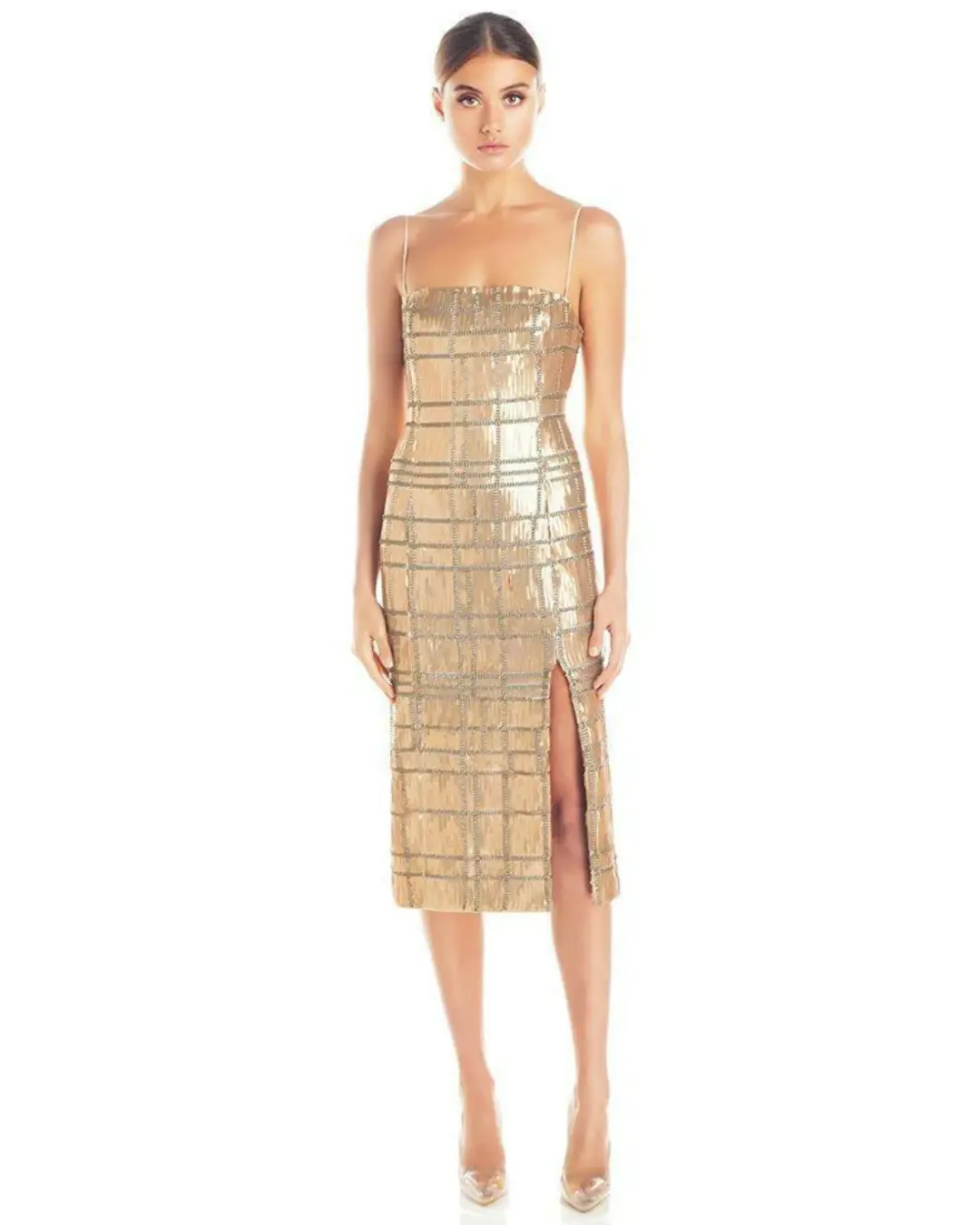 Misha Yvette Spaghetti Strap Thigh Split Midi Dress in Gold Sequin Size 10 for rent on The Volte - main image