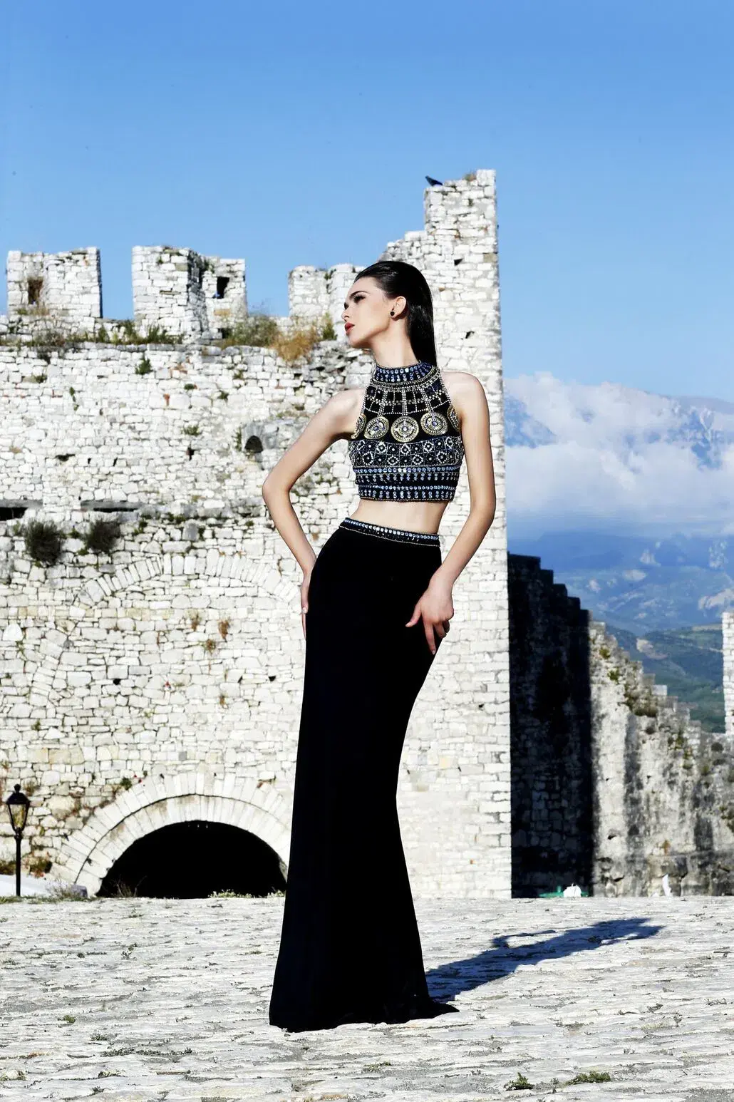 Sherri Hill #11068 Two Piece Dress Black Beaded Gown Size 4 for rent on The Volte - main image