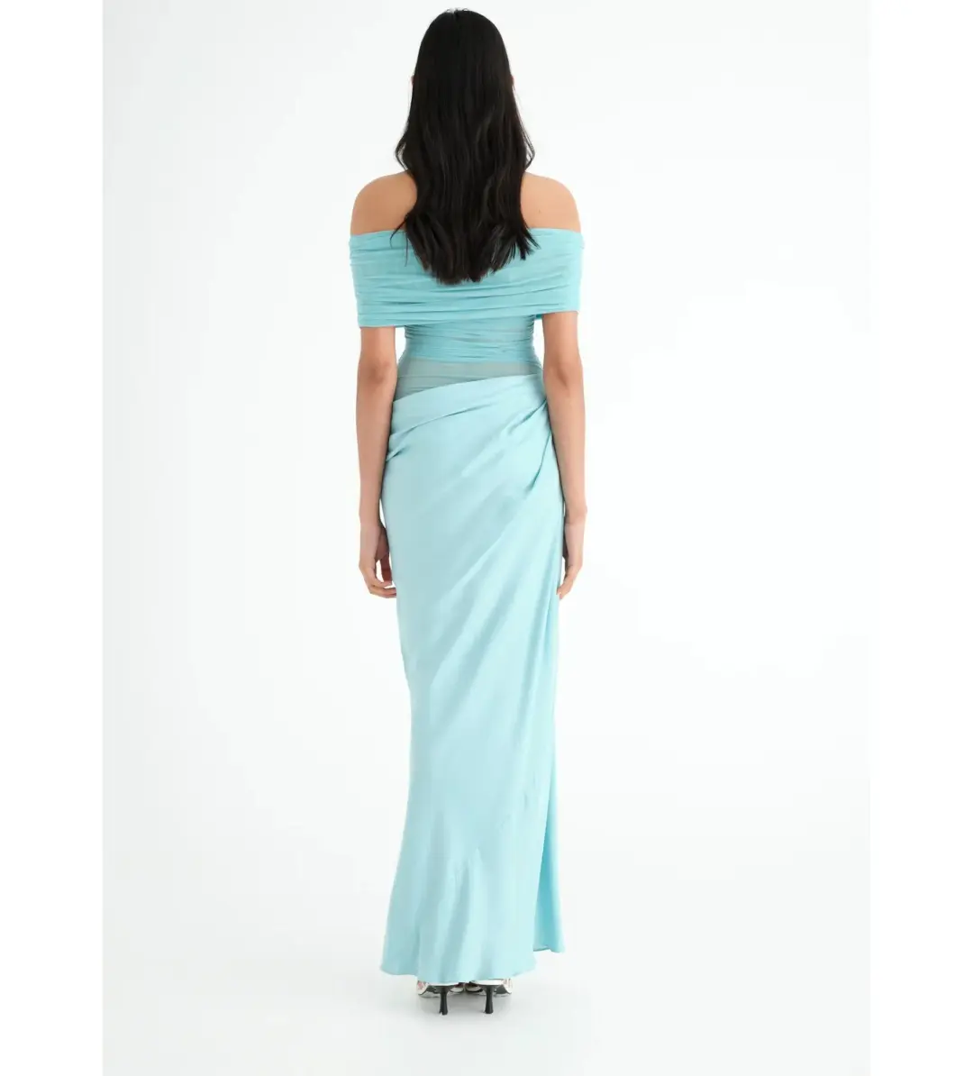 Benni Nico Off Shoulder Maxi Dress Aquamarine Size AU 8 for rent on The Volte - main image