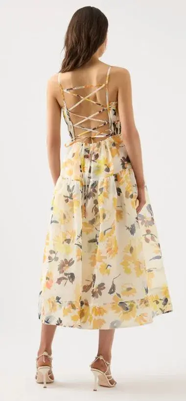 Aje Botanica Floral Cross Back Midi Dress Yellow Size 8 for rent on The Volte - main image