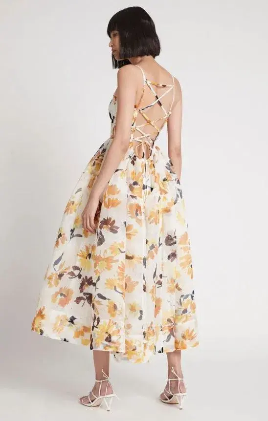 Aje Botanica Floral Cross Back Midi Dress Yellow Size 8 for rent on The Volte - main image