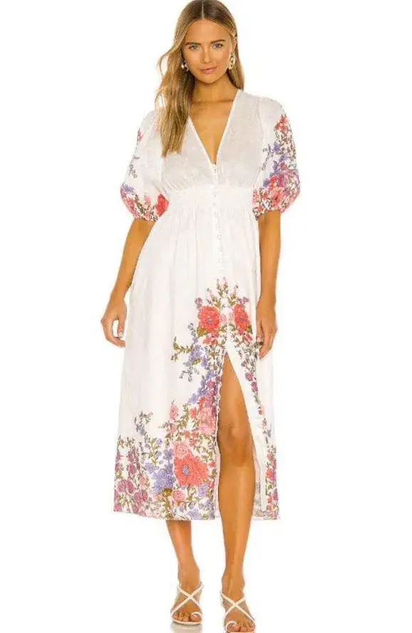 Zimmermann Poppy Shirred Waist Midi Dress White Size 12 for rent on The Volte - main image
