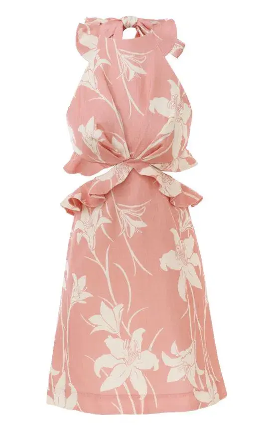 Zimmermann Linen Acadian Tie-Back Mini Dress Pink Size 10 for rent on The Volte - main image