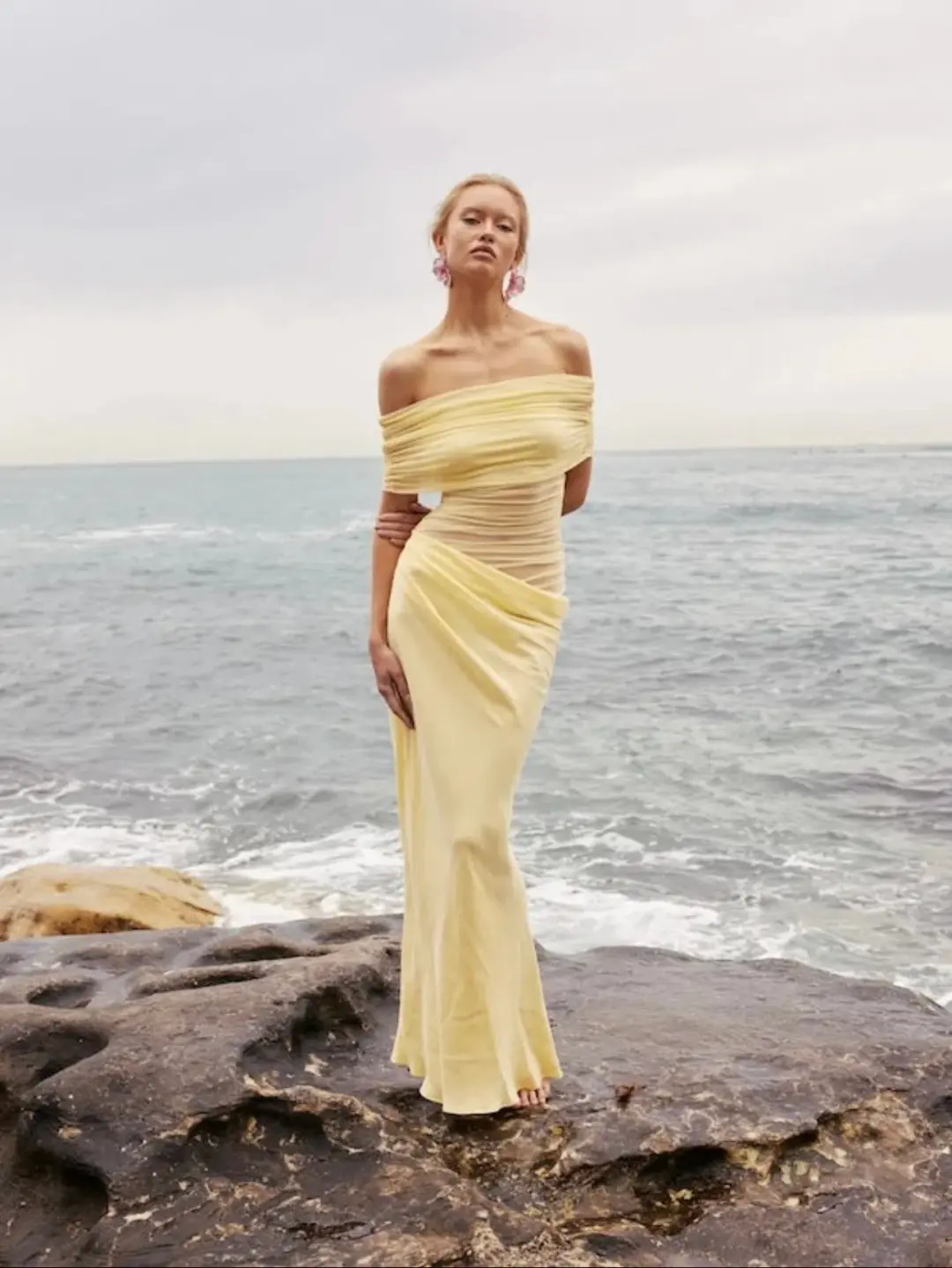 Benni Nico Off Shoulder Maxi Dress in Butter Size AU 8 for rent on The Volte - main image