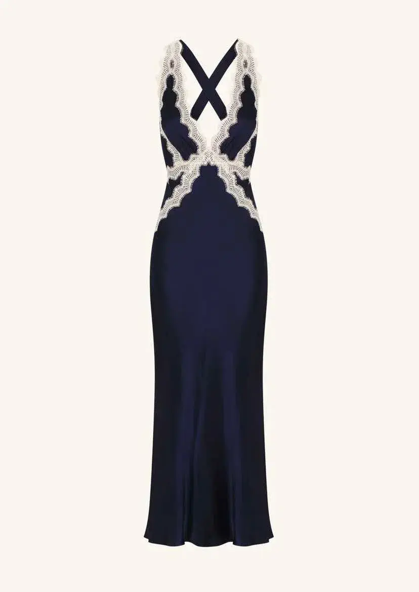 Shona Joy Camille Lace Cross Back Midi Dress Navy Size 8 for rent on The Volte - main image