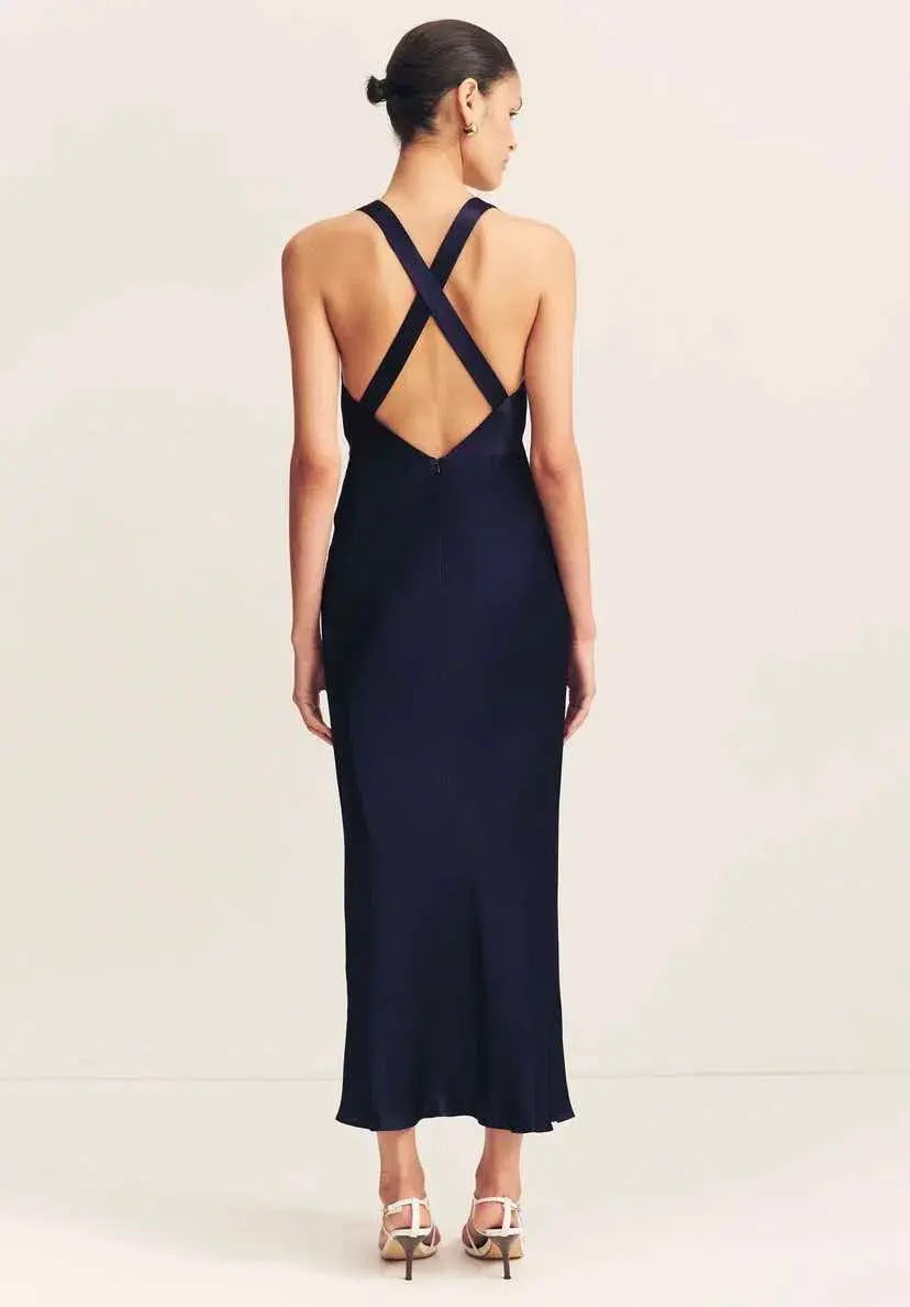 Shona Joy Camille Lace Cross Back Midi Dress Navy Size 8 for rent on The Volte - main image