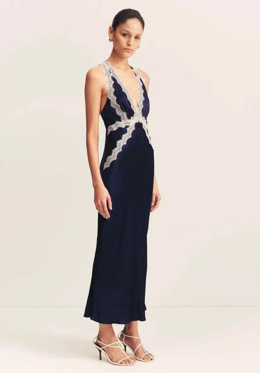 Shona Joy Camille Lace Cross Back Midi Dress Navy Size 8 for rent on The Volte - main image