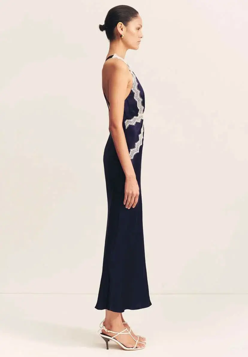 Shona Joy Camille Lace Cross Back Midi Dress Navy Size 8 for rent on The Volte - main image