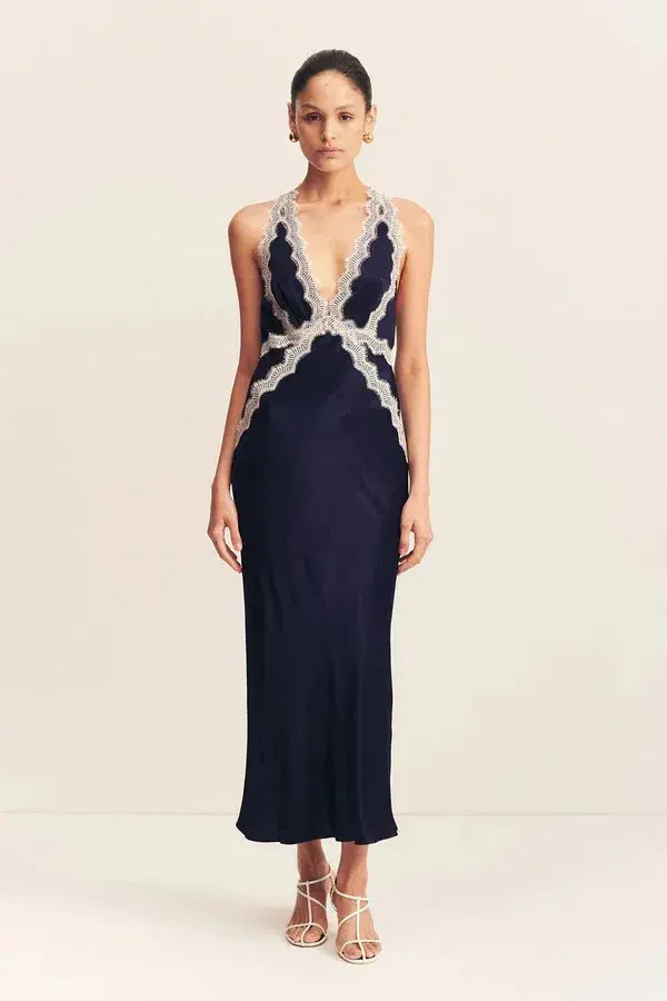 Shona Joy Camille Lace Cross Back Midi Dress Navy Size 8 for rent on The Volte - main image