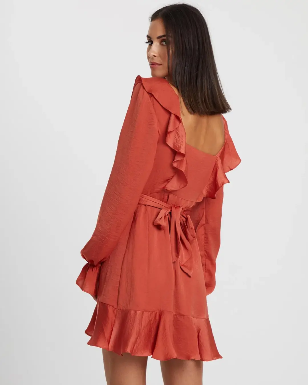 Tussah Burnt Orange Frill Wrap Mini Dress size 16 for rent on The Volte - main image