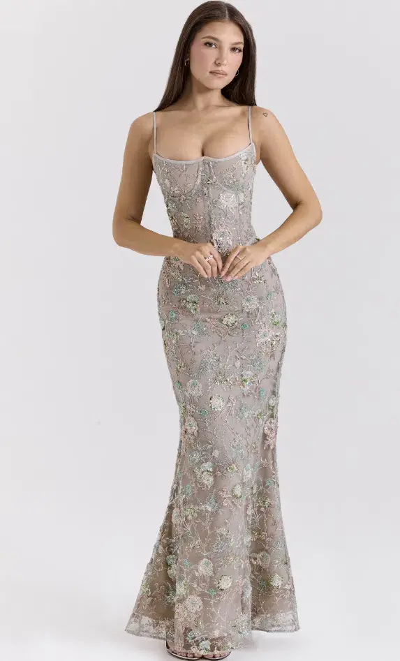 House of CB Naima Silver Embellished Beaded Corset Maxi Dress Regular Cup Size 8 for rent on The Volte - main image