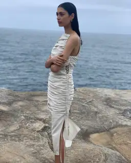 Rachel Gilbert Bailey Dress Shirred Midi Cream Size 6 for rent on The Volte - image 2