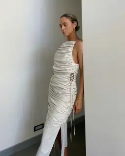 Rachel Gilbert Bailey Dress Shirred Midi Cream Size 6 for rent on The Volte - image 1