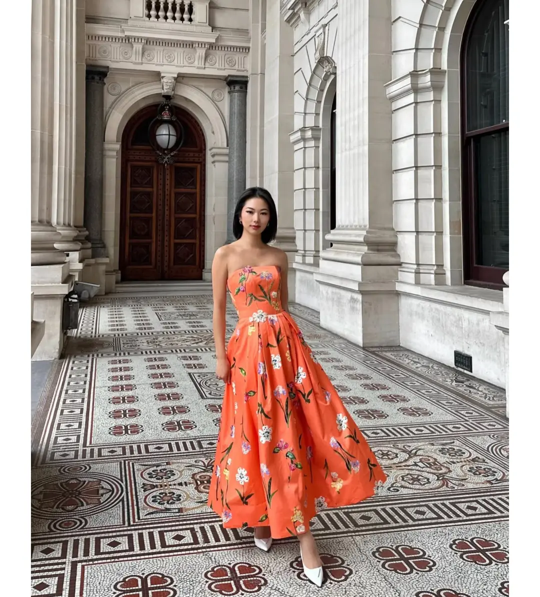 Leo Lin Lynn Bustier Midi Dress Coral Floral Size 14 for rent on The Volte - main image