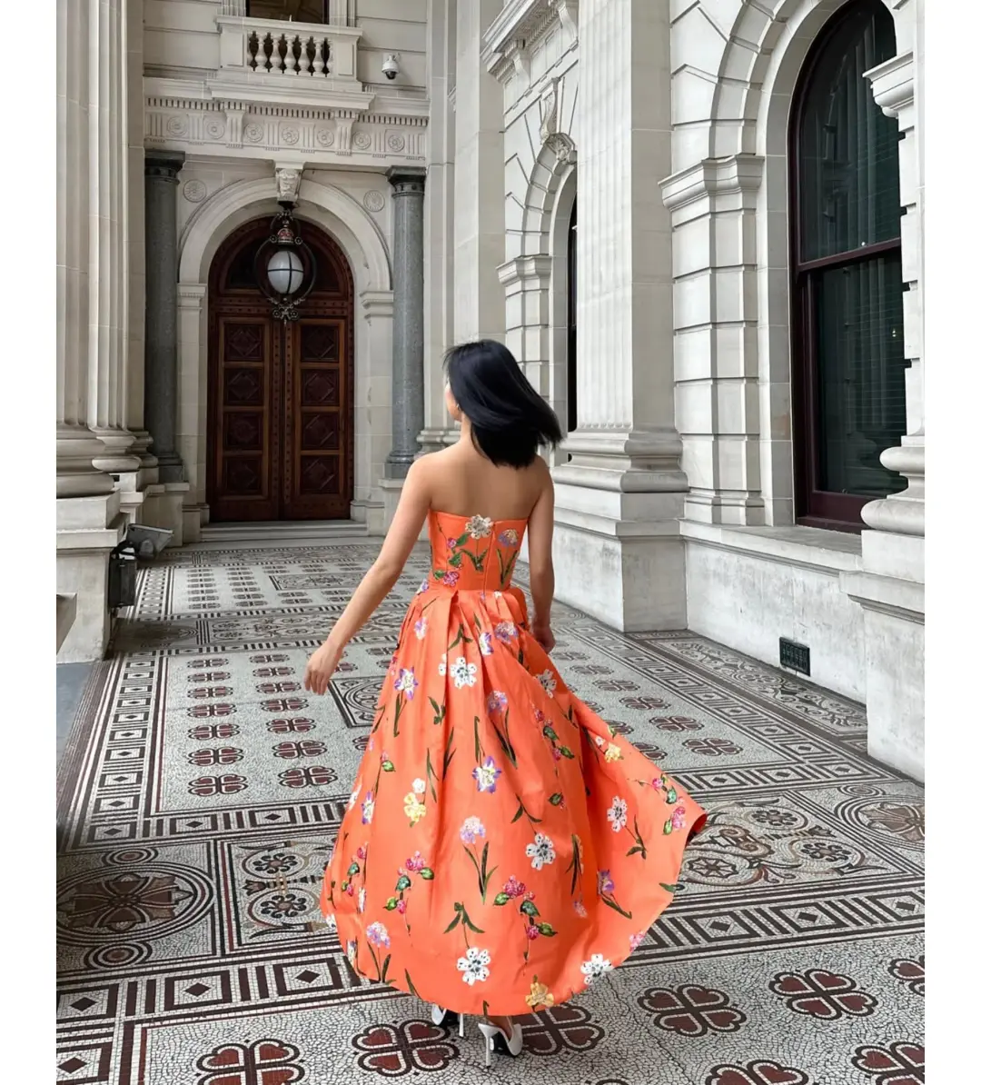 Leo Lin Lynn Bustier Midi Dress Coral Floral Size 10 for rent on The Volte - main image