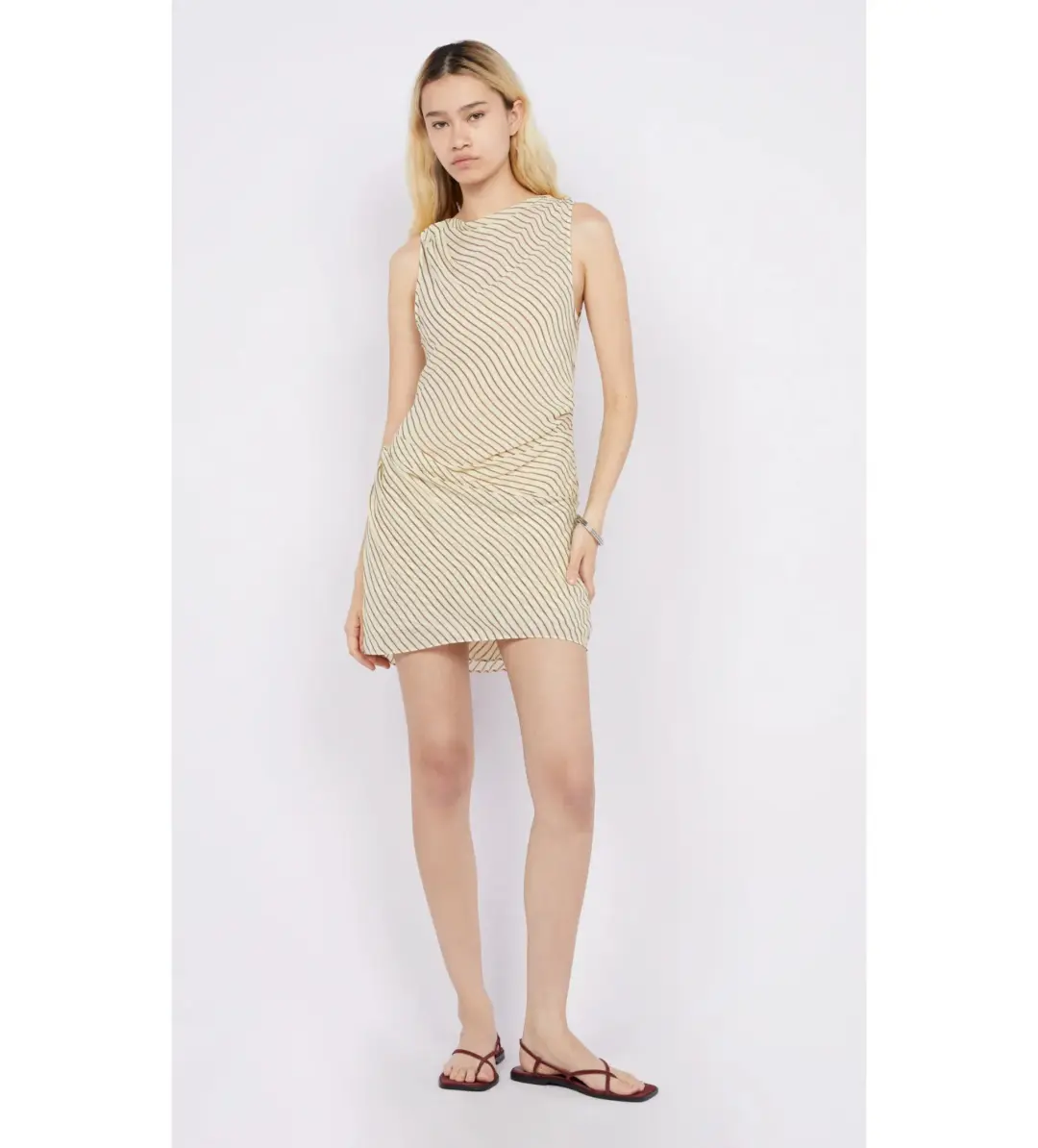 Bec and Bridge Anise Asym Mini Dress in Butter/Plum Stripe Size AU 10 for rent on The Volte - main image