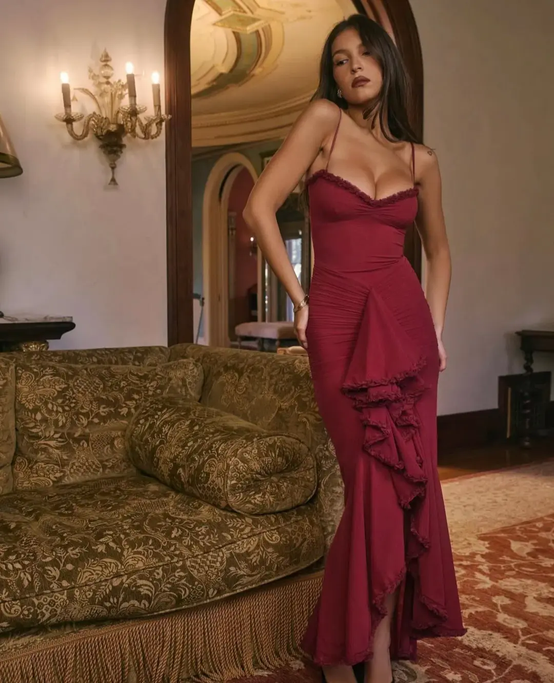 House of CB Gabbi Rufflled Front Gown Wine Size 12 for rent on The Volte - main image