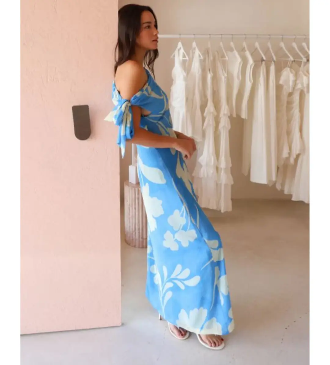 By Nicola Hailey One Shoulder Tie Maxi Dress in Capri Size AU 8 for rent on The Volte - main image