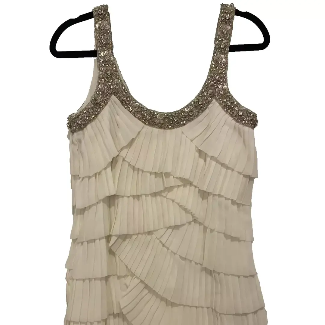 Rachel Gilbert Pleated Beaded Mini Dress White Size AU 8 for rent on The Volte - main image