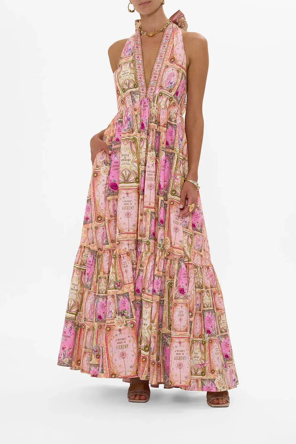 Camilla Ruffle Hem Halter Dress in Totally Ozmopolitan Size 12 for rent on The Volte - main image