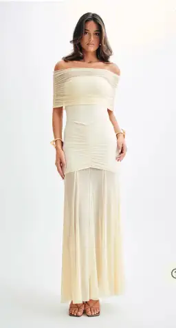 Meshki Caspian Slinky Mesh Off Shoulder Maxi Dress Ivory Size 6 for rent on The Volte - image 1