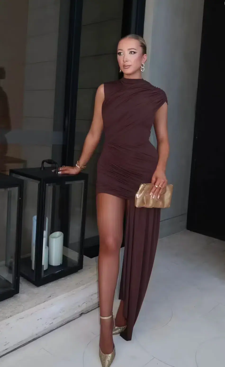 De La Vali Ravenna Mini Dress Chocolate Brown Jersey Size 12 for rent on The Volte - main image