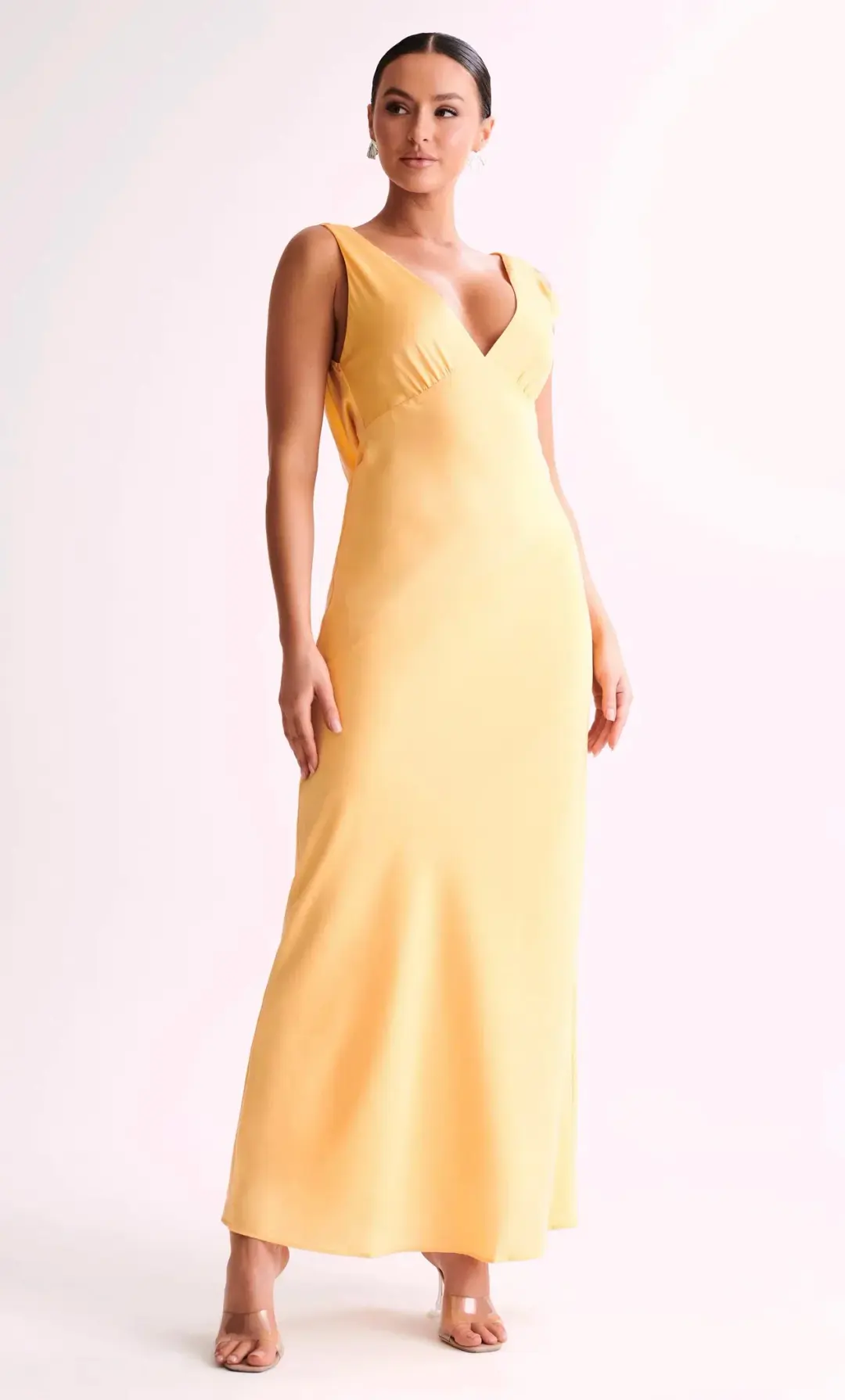 Meshki Maxi Nadia Satin Dress With Back Cowl Lemon Size S/AU 8 for rent on The Volte - main image
