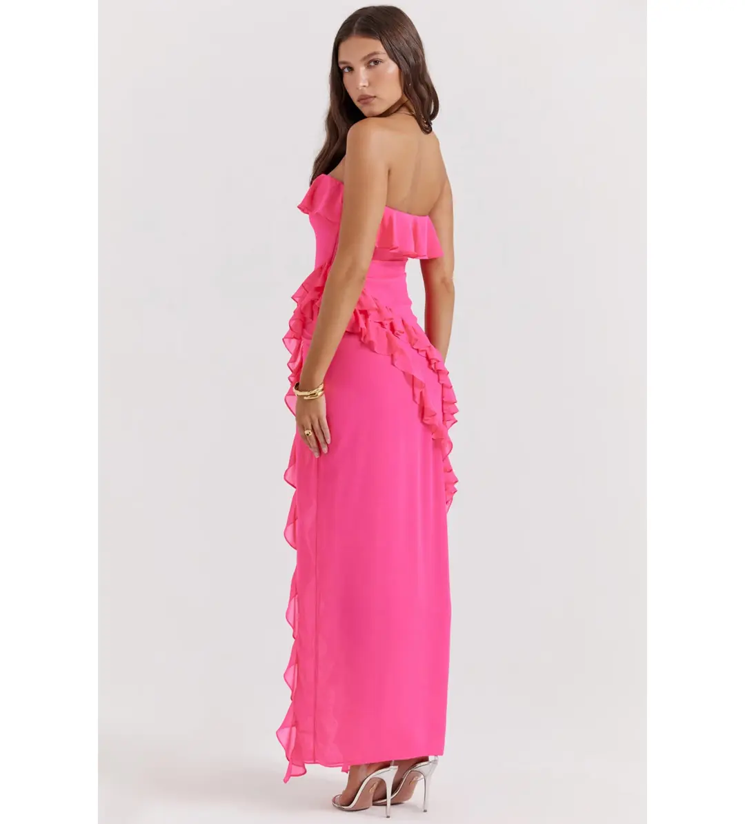 House of CB Sarina Ruffle Maxi Dress Fuchsia Size XS / AU 6 for rent on The Volte - main image