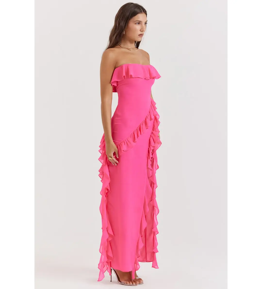House of CB Sarina Ruffle Maxi Dress Fuchsia Size XS / AU 6 for rent on The Volte - main image