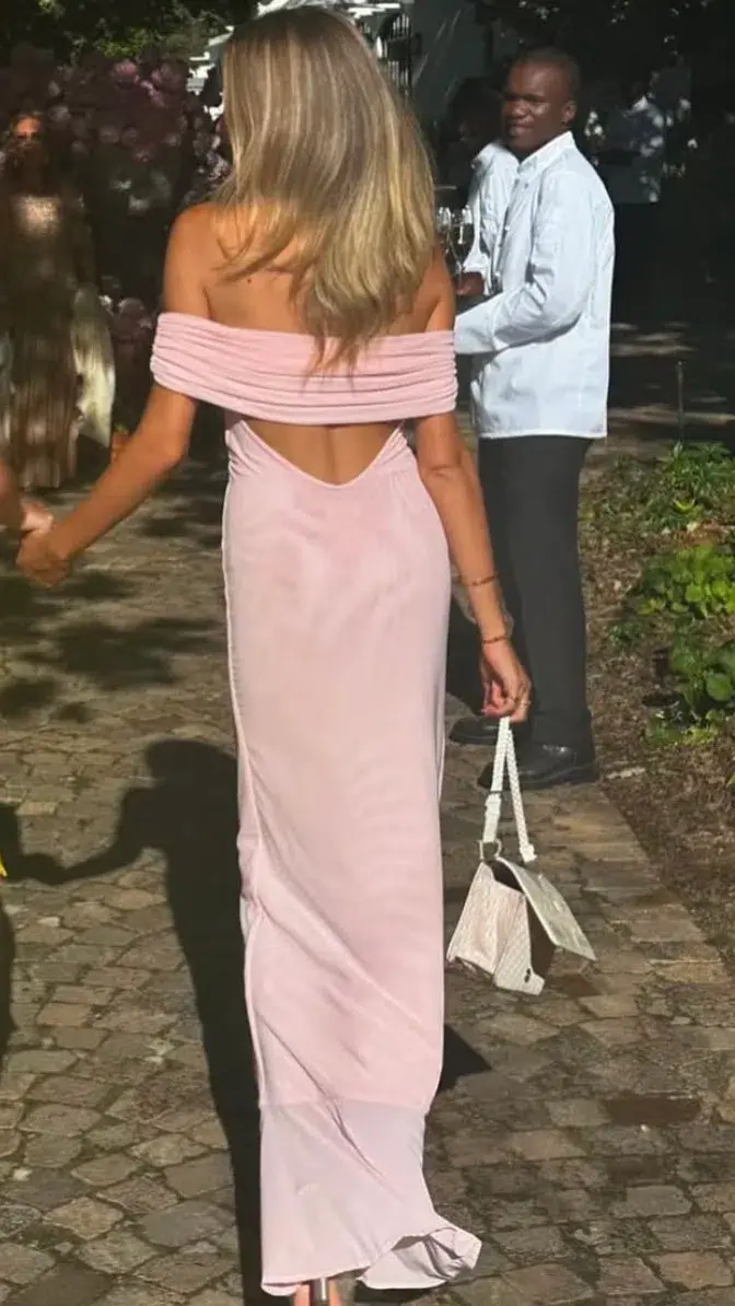 Meshki Audrey Off Shoulder Mesh Maxi Dress Pale Pink Size 12 for rent on The Volte - main image