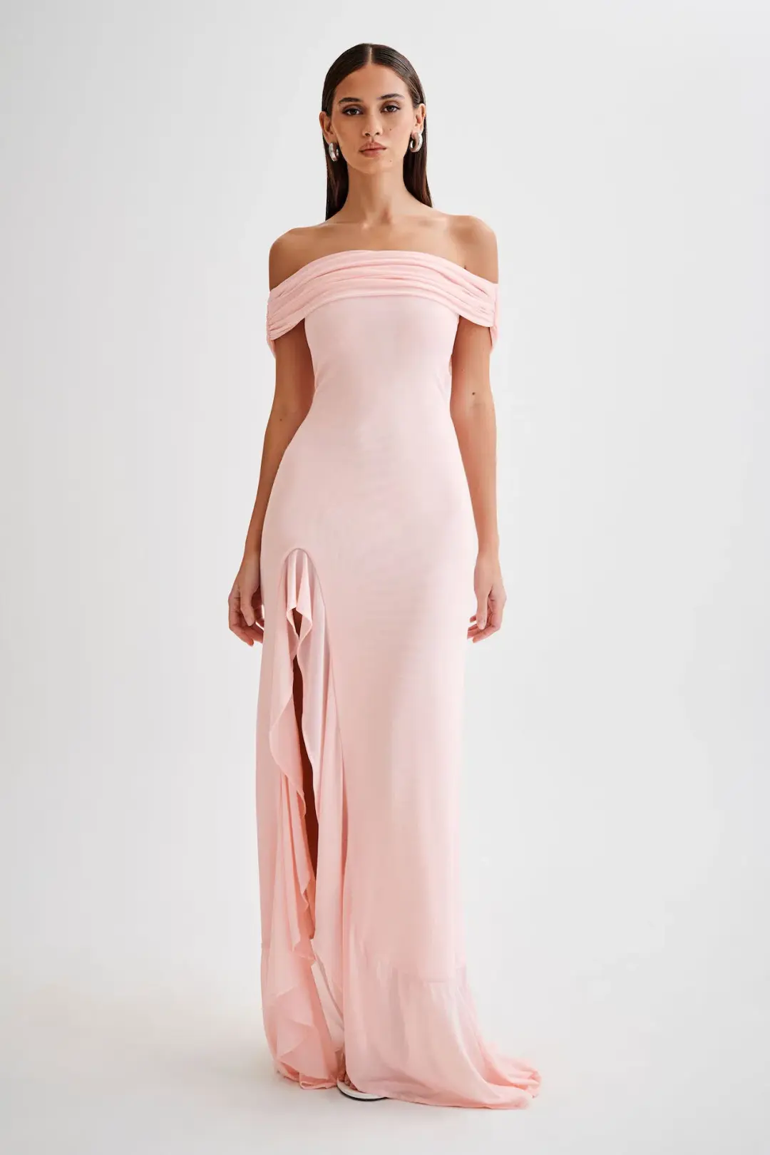 Meshki Audrey Off Shoulder Mesh Maxi Dress Pale Pink Size 12 for rent on The Volte - main image