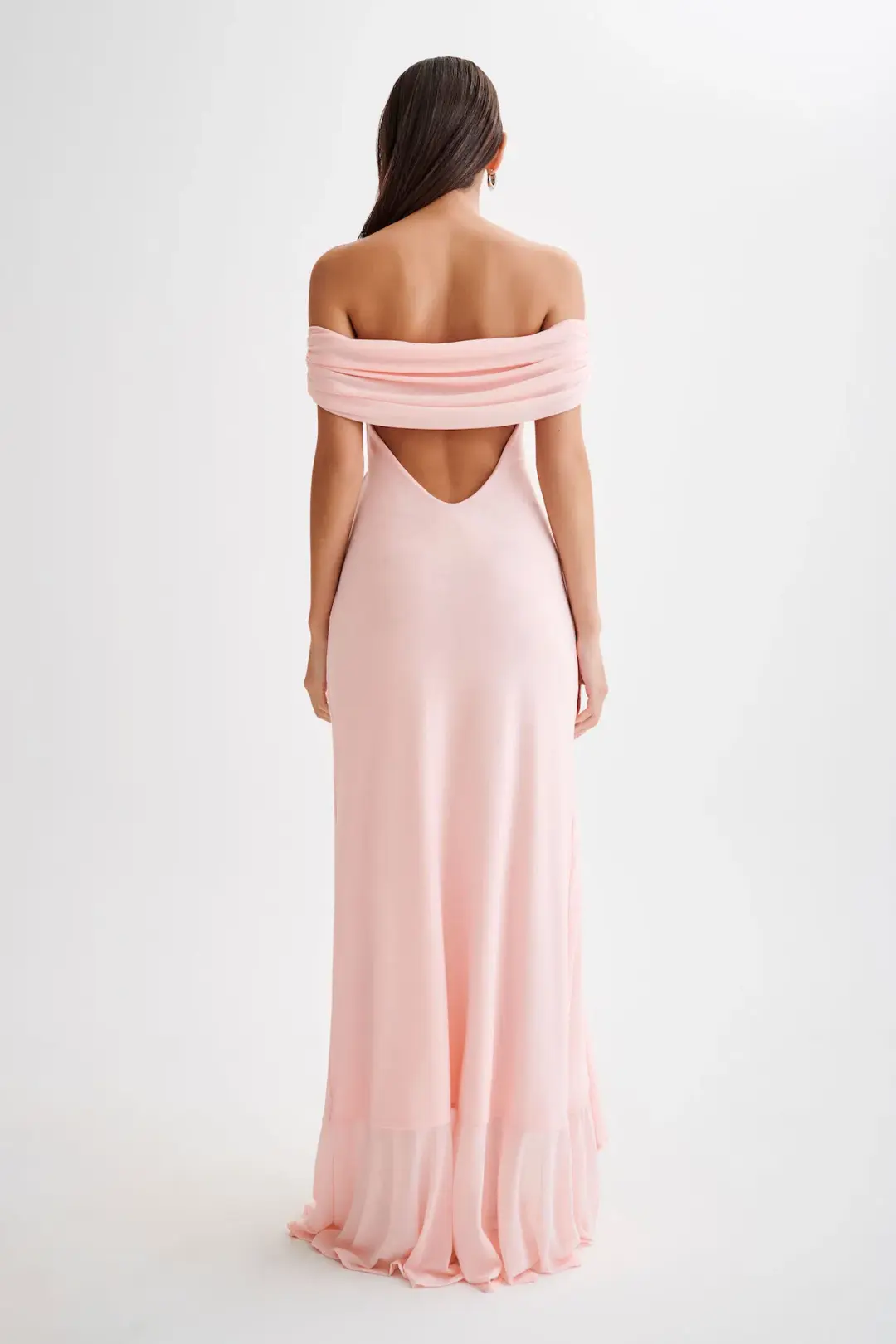 Meshki Audrey Off Shoulder Mesh Maxi Dress Pale Pink Size 6 for rent on The Volte - main image