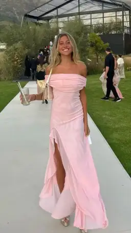 Meshki Audrey Off Shoulder Mesh Maxi Dress Pale Pink Size 6 for rent on The Volte - image 3