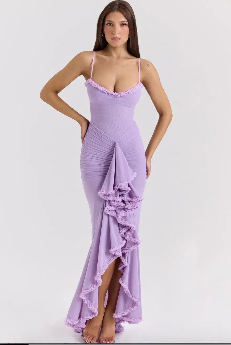 House of CB Gabbi Orchid Mesh Ruffled Front Gown Purple Lilac Size S AU 8 for rent on The Volte - main image