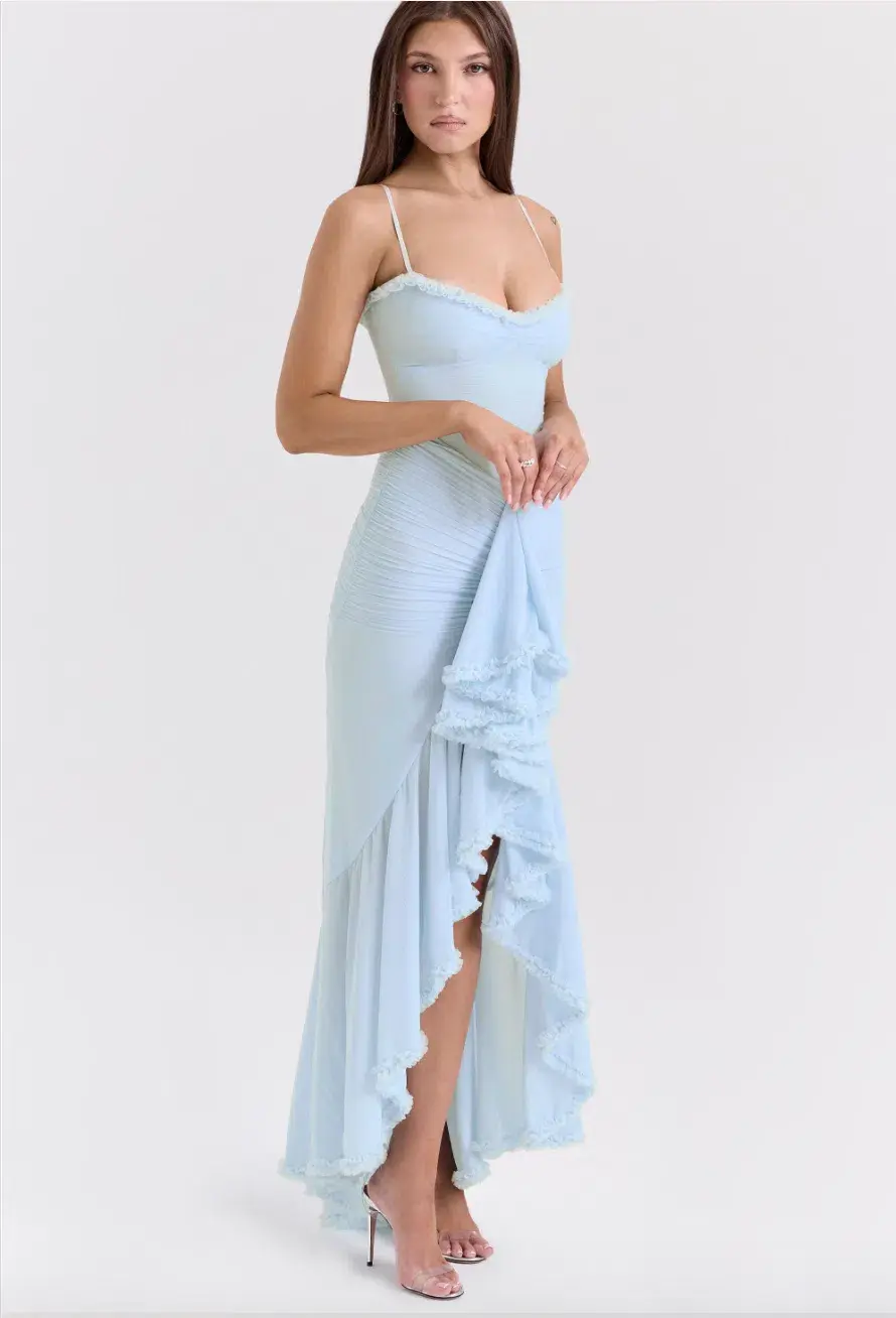 House of CB Gabbi Ice Blue Mesh Ruffled Front Gown Size AU 6 for rent on The Volte - main image