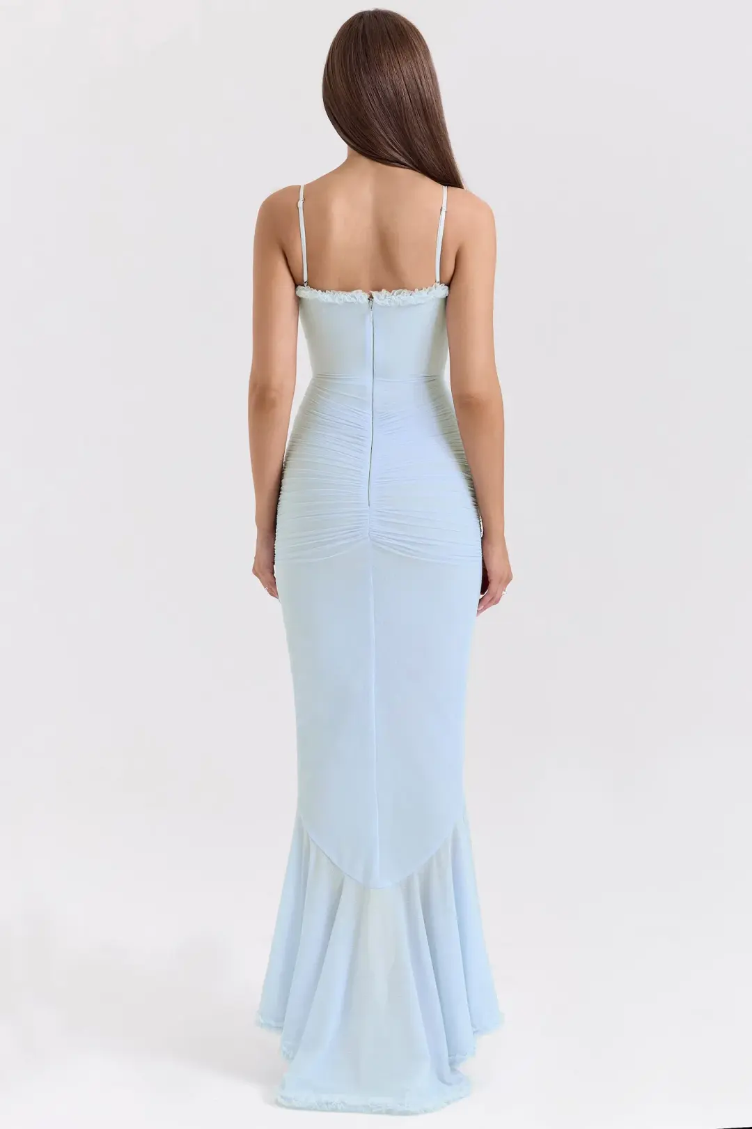 House of CB Gabbi Ice Blue Mesh Ruffled Front Gown Size AU 6 for rent on The Volte - main image