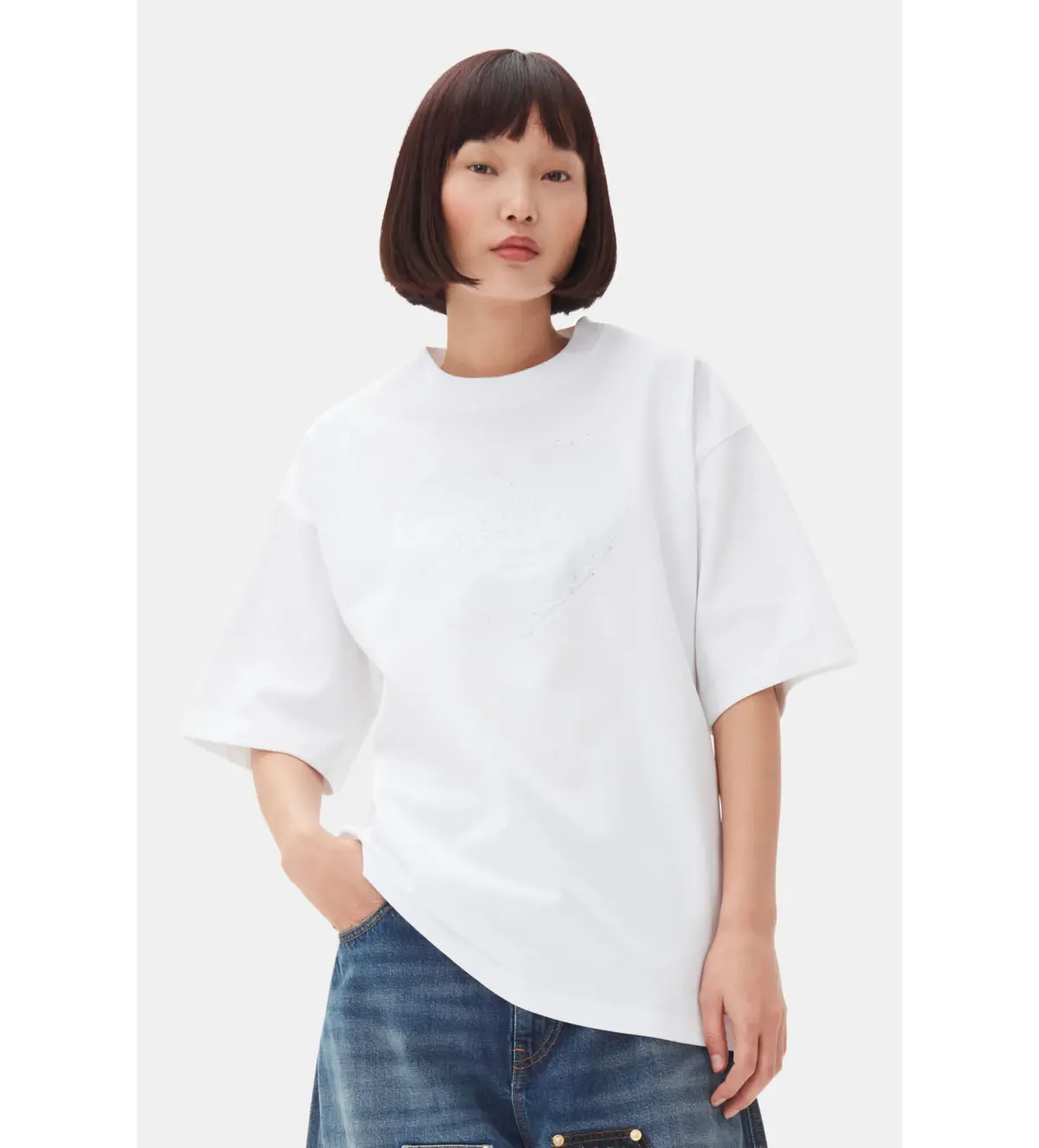 Ganni Heavy Cotton Drop Shoulder Heart T-shirt in White Size S/ AU 8 - Image 2