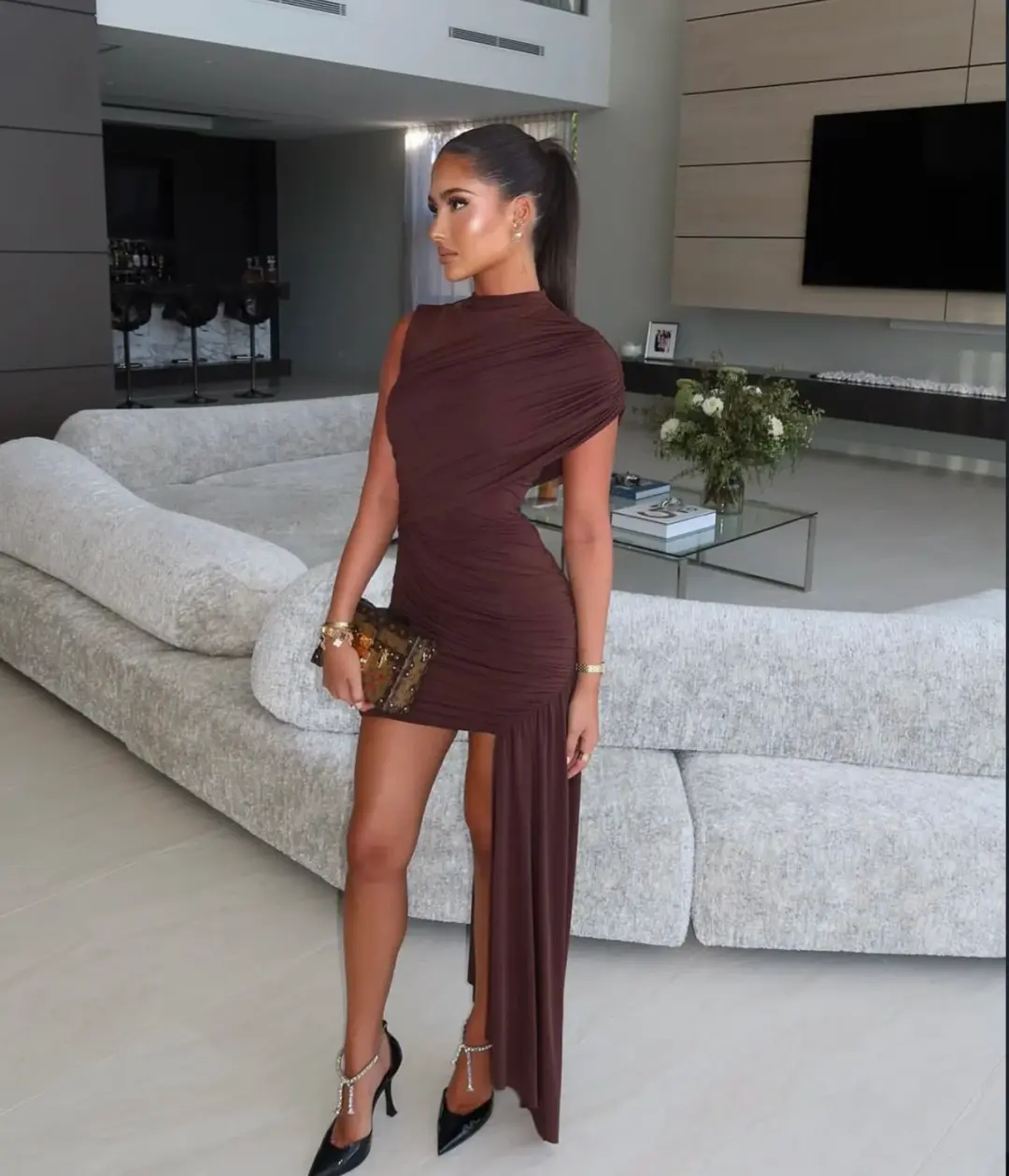 De La Vali Ravenna Mini Dress in Chocolate Brown Jersey Size AU 12 for rent on The Volte - main image