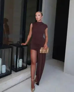 De La Vali Ravenna Mini Dress in Chocolate Brown Jersey Size AU 12 for rent on The Volte - image 5