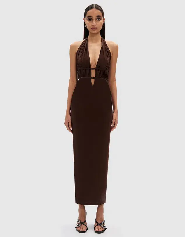 Misha Celine Mesh Midi Dress Espresso Size 6/XS for rent on The Volte - main image