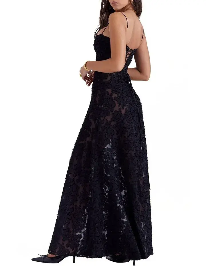 House of CB Seren Floral Lace Back Maxi Dress Black Size 8 for rent on The Volte - main image