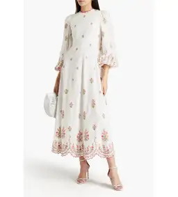Zimmermann Poppy Floral-Embroidered Linen-Blend Midi Dress White Size 3/AU 14