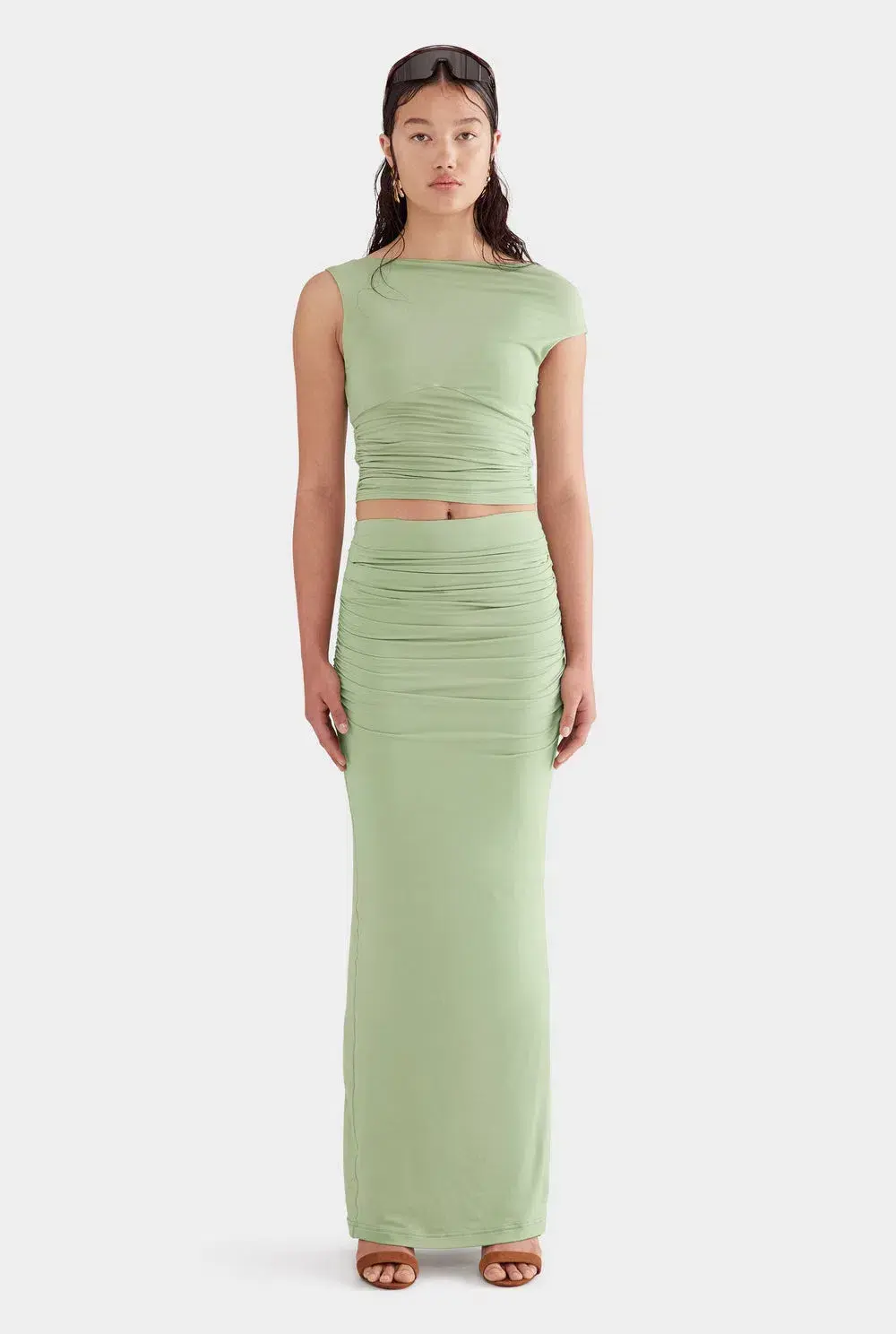 Venroy Drapped Jersey Top and Skirt Set in Mint Green Size M/AU 10 for rent on The Volte - main image