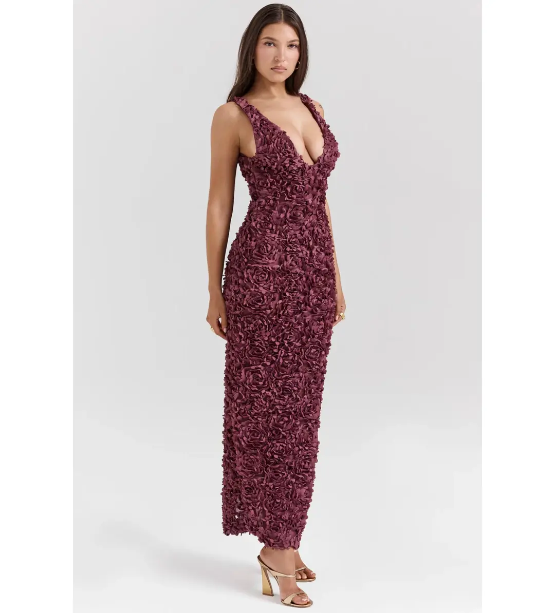 House Of CB Carena Merlot Plunge Floral Appliqué Maxi Dress in Burgundy Size XL/ AU 14 for rent on The Volte - main image