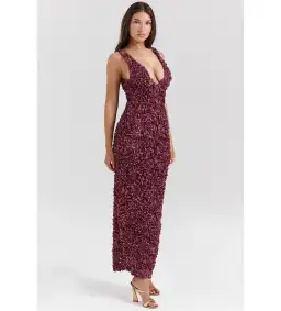 House Of CB Carena Merlot Plunge Floral Appliqué Maxi Dress in Burgundy Size XL/ AU 14 for rent on The Volte - image 4