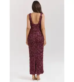 House Of CB Carena Merlot Plunge Floral Appliqué Maxi Dress in Burgundy Size XL/ AU 14 for rent on The Volte - image 3